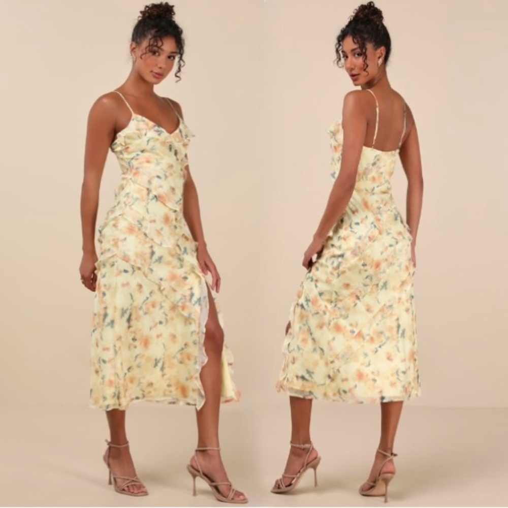 Lulu's Yellow Floral Midi Slip Dress